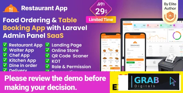 Restaurant App v3.4 - online Food Ordering Table Booking Restaurant App with Laravel Admin Panel SaaS
