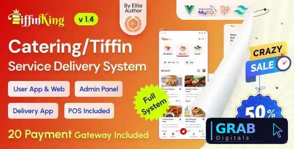 TiffinKing v1.4 - Catering/Tiffin Food Ordering System with Admin Panel &amp; Delivery Man App